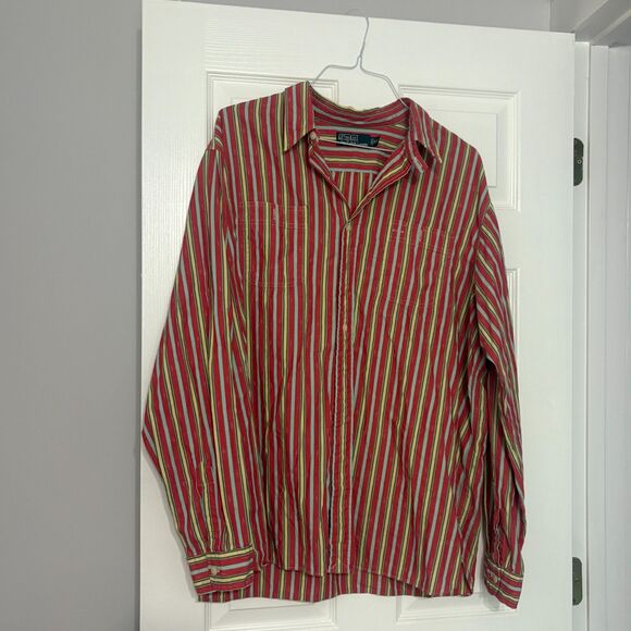 Vintage Polo Ralph Lauren Shirt Men's XXL Red Multi Striped Cotton Button Up - Picture 1 of 4